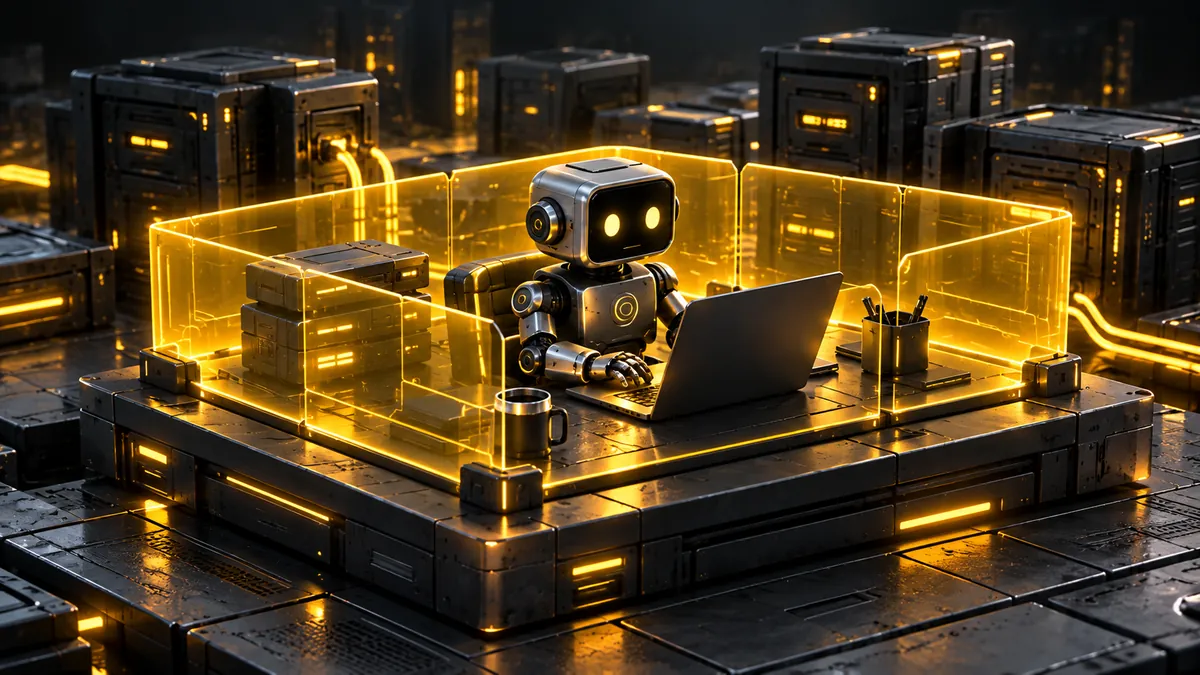 Illustration: a small robot works at a laptop on a desk enclosed by glowing yellow glass walls, among dark server blocks.