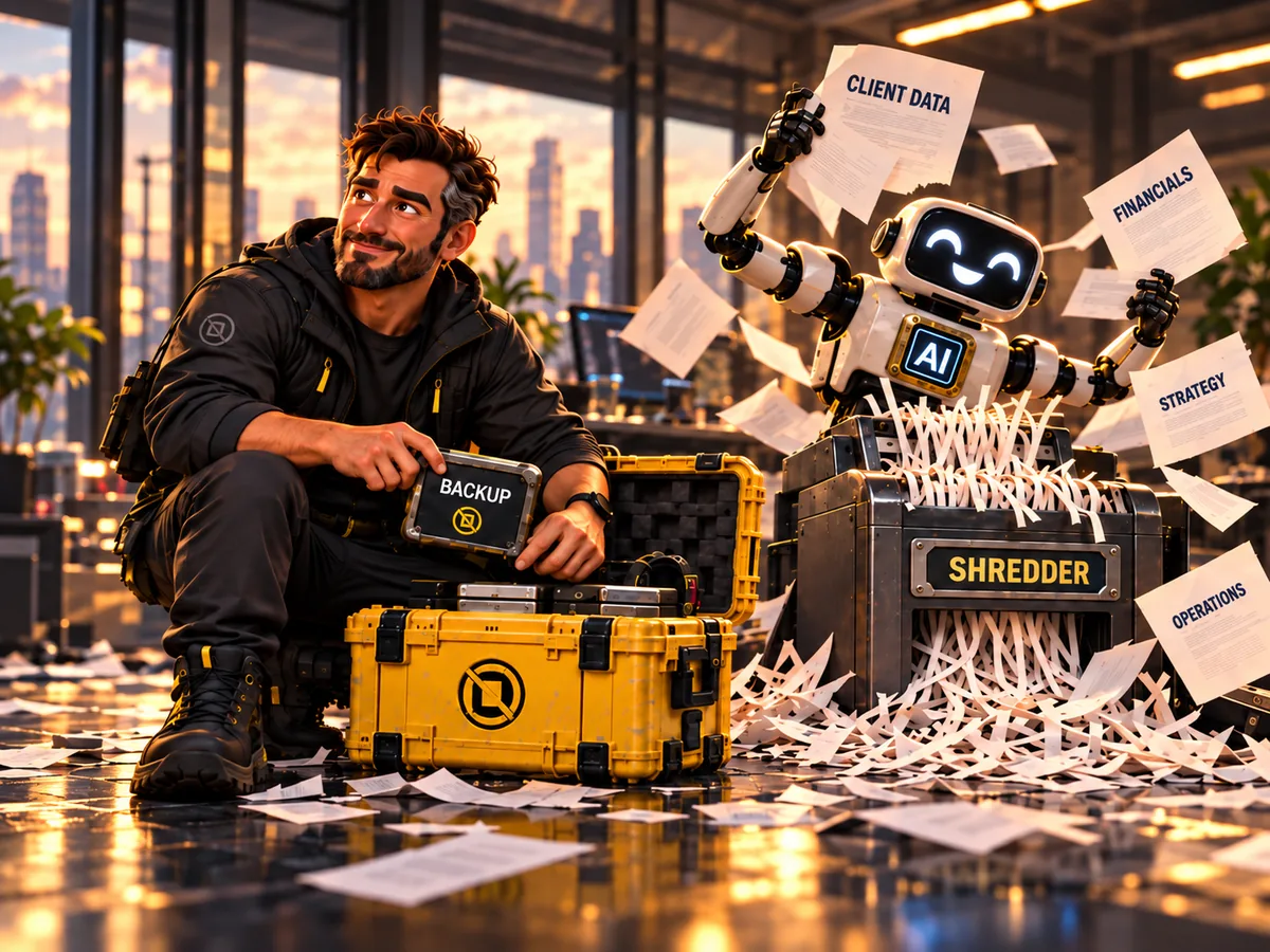In an office, a cheerful robot feeds documents into a shredder while the AI Prepper crouches calmly by his yellow equipment case, holding a backup cartridge.